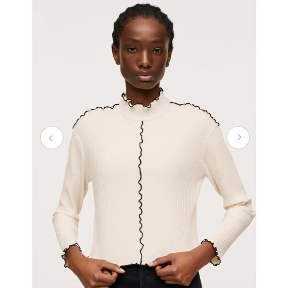 Mango MNG Ribbed Long Sleeve T-Shirt Cream Black Lettuce Edge Trim Mock Neck XS - Picture 1 of 13